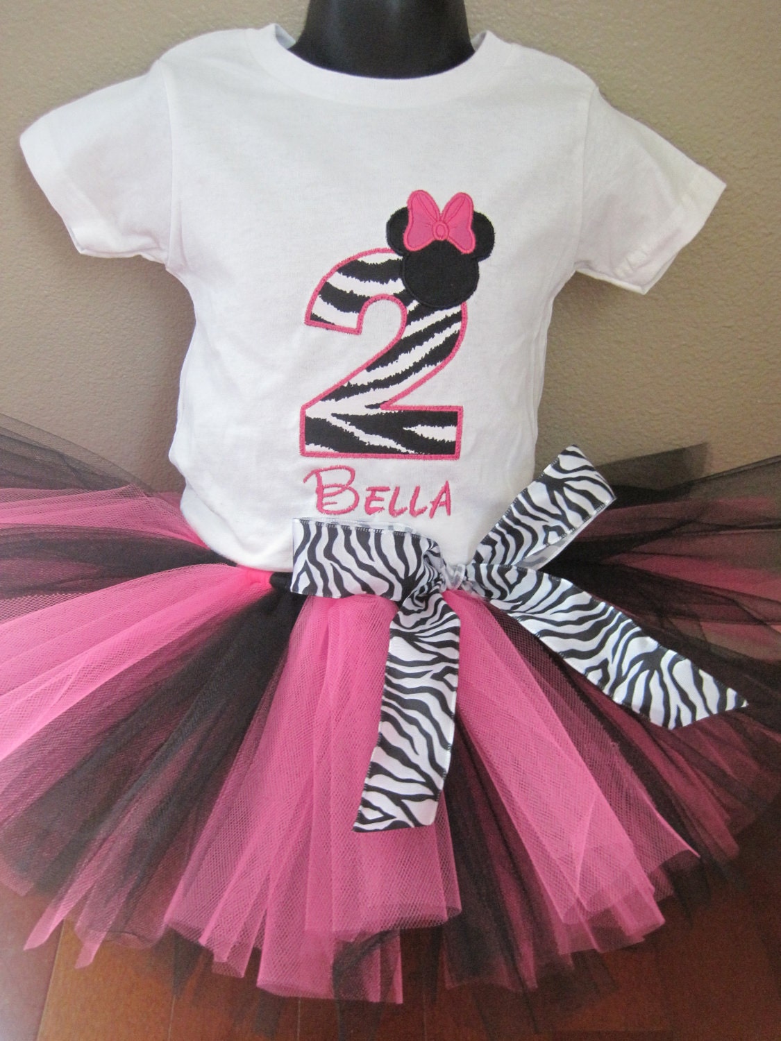 Personalized Hot Pink Zebra Minnie Mouse Birthday Girl Tutu Set