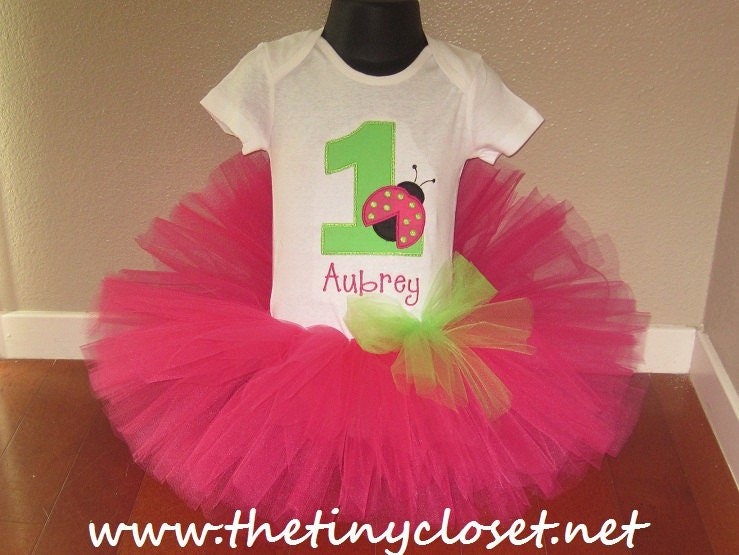 Personalized Hot Pink/Green Ladybug Birthday Tutu Set