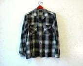 Mens Plaid Shirt / Perfect Wool Blend Black White / Medium 60s 70s