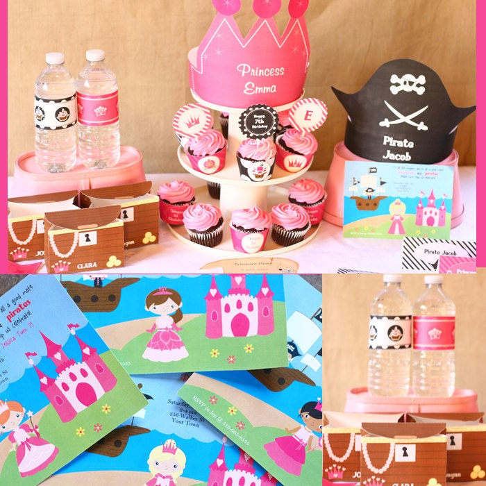 Instant Download Pirate & Princess Birthday Printable Party Kit with editable Text for YOU to personalize