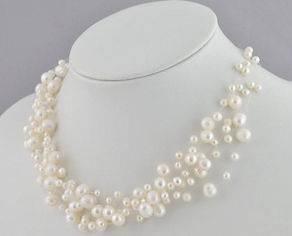 Pearl Necklace,Bridesmaid Necklace, Multistrand Necklace ,Floating Necklace,Illusion Necklace(FN0142)