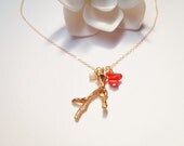 Red Coral, Gold Coral,  White Freshwater Pearl, Charm Necklace, 14K Gold Filled Chain, Made in Hawaii