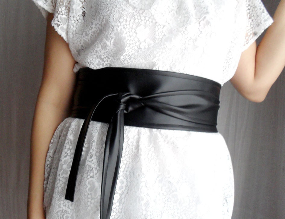 Black faux leather obi belt - vegan leather belt black obi belt