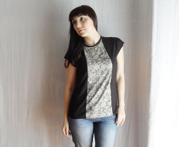 Black tshirt short sleeved - lace tshirt jersey top womens blouse