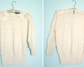 Snow Rose - 1980s Pointelle Knit Sweater Lace and Rose Epaulettes Ivory White Valentines Day girly and gorgeous medium small