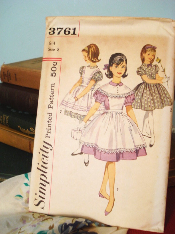 Drink Me - ADORABLE 1950s Simplicity Girls' Sunday Best Dress with Apron or Pinafore UNCUT size 8 girls