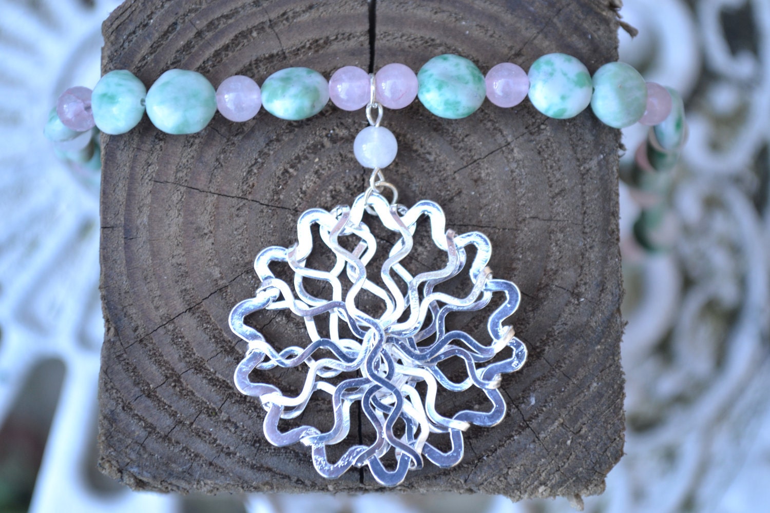 Sale Green and Pink Gemstone necklace with Silver Squiggle pendant - Cancer Charity