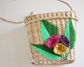 Vintage 1970's mini messanger puerto vallarta flower stitched straw bag
