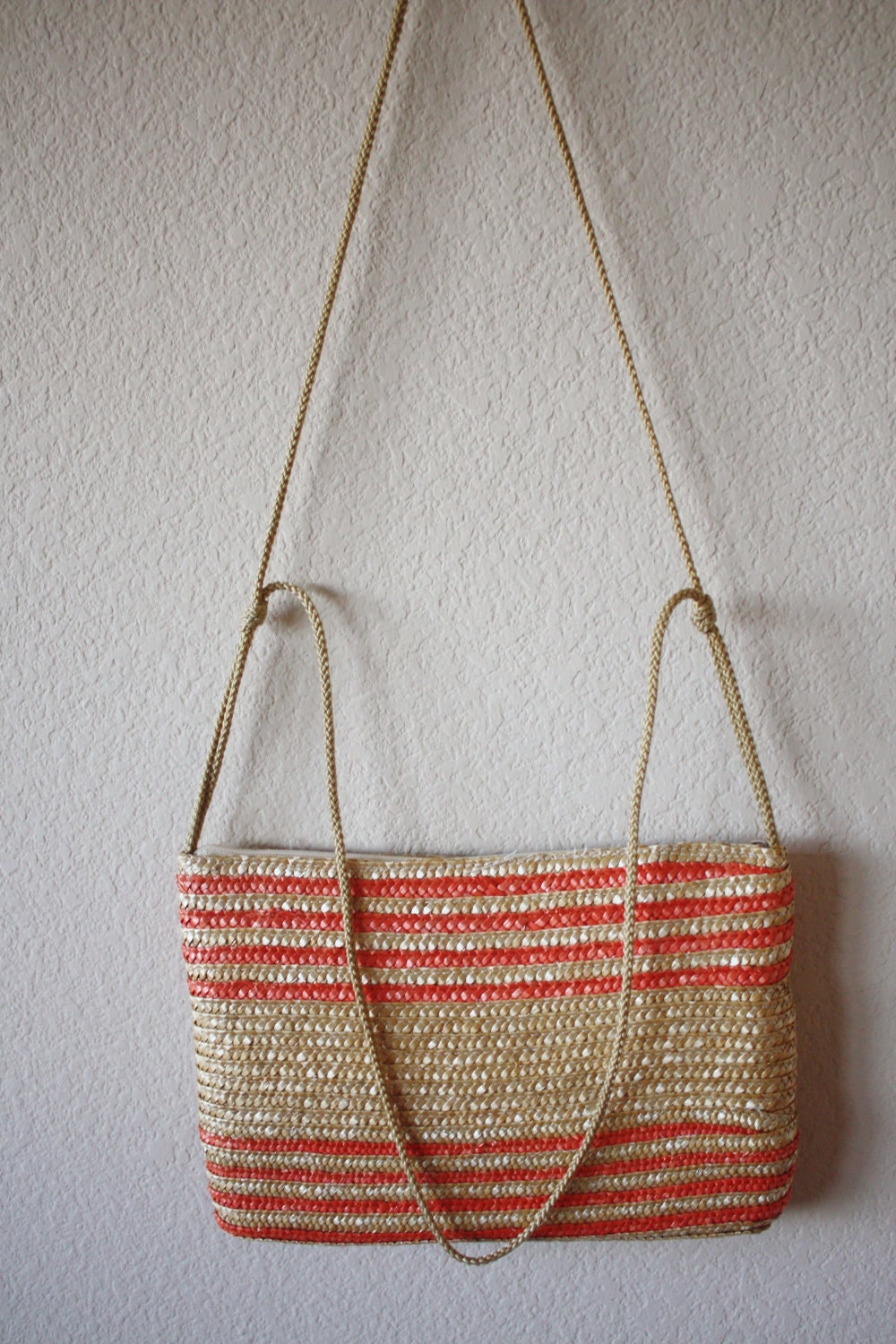Vintage 1980s Sherbert Tangerine and Blonde Stripe Straw Tote Cord Handbag