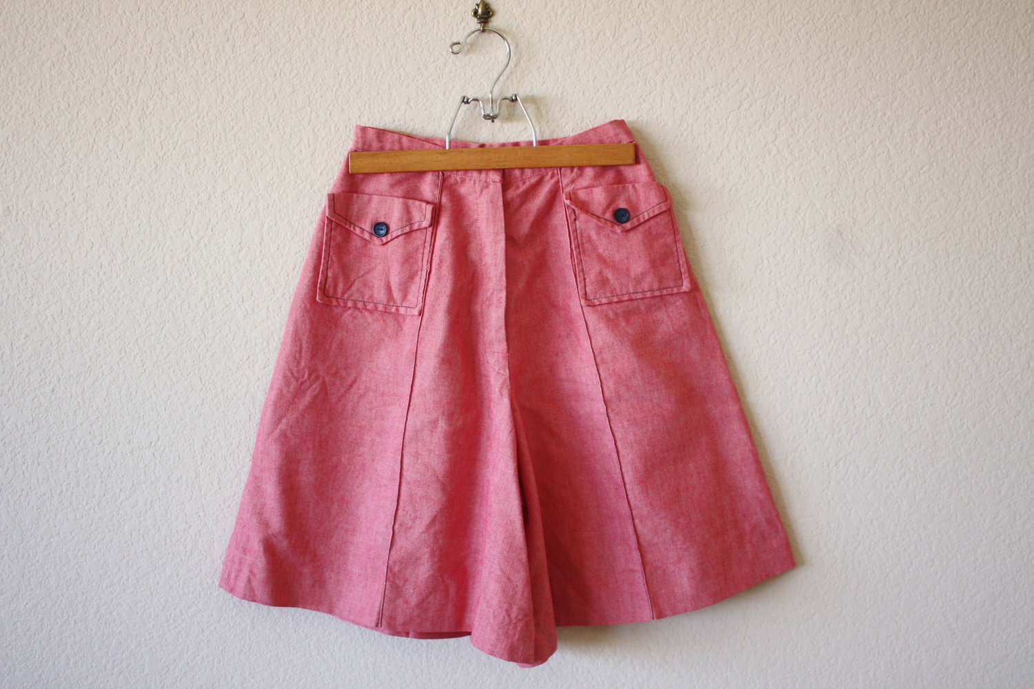 Vintage 1970's Pandora Red Grid High Waisted Long Salior Shorts Cargo Pocket