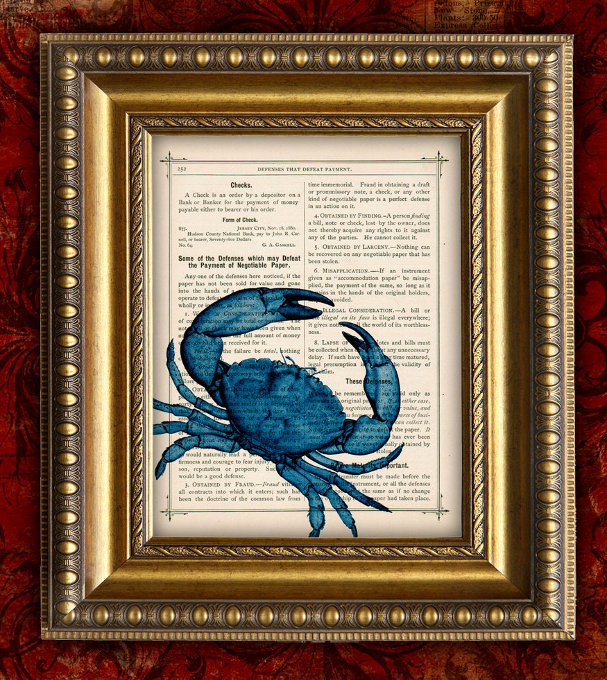 STONE CRAB Blue Mixed Media Vintage Art Print on Dictionary Page Book page Paper 8x10