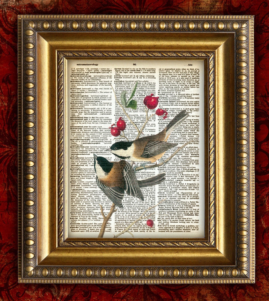Birds Vintage Art Print 8x10 on recycled upcycled Antique 1881 Book Page BIRDS CHICKADEE Dictionary Art Print b125