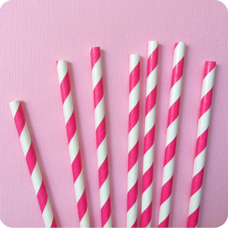 Hot Pink Striped Paper Straws - 25 Hot Raspberry Pink Paper Drinking Straws with Printable Flags Il_170x135