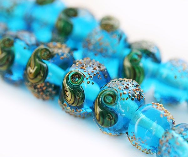 Lampwork beads, aqua blue, sea ocean organics, by MayaHoney