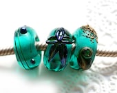 Lampwork large hole beads, Ocean TRIO - teal green beachy handmade beads fit European Charm Bracelets - SRA , starfish, shell