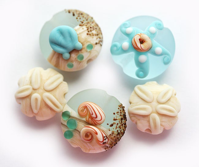 Lampwork beads - beach Blue and beige handmade set, ocean, sea with shells, sand dollar and starfish - etched lentils by MayaHoney, SRA