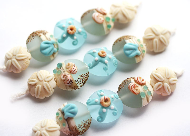 Lampwork beads - beach Blue and beige handmade set, ocean, sea with shells, sand dollar and starfish - etched lentils by MayaHoney, SRA