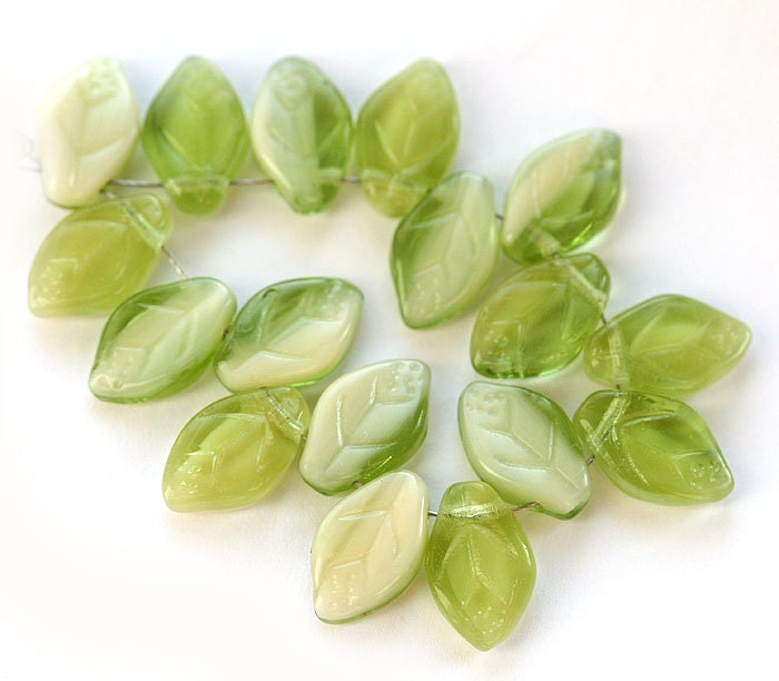 Spring Green leaves Czech glass beads - leaf - 12x7mm - 25Pc - 270