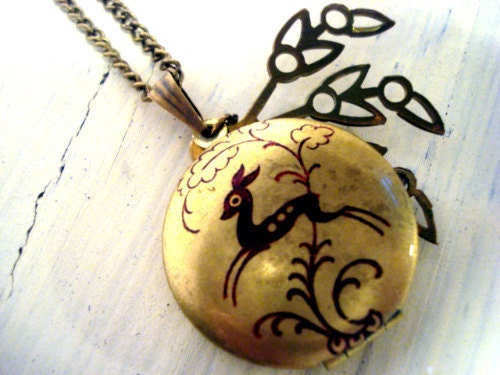 Locket Necklace with art nouveau deer and vintage leaf charm by Villa Sorgenfrei - VillaSorgenfrei