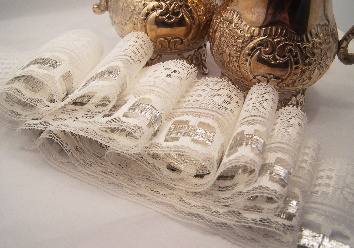 Vintage Rustic Charm Off- White Net Lace with Silver Band for Wedding Attire, Costumes and  Altered Couture (2 1/2 inch) - 2 yards