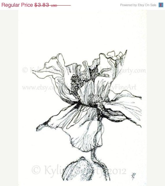 Black and White Flower Drawing - ACEO - Fine Art Print - Poppy Flower Study 3 - Wedding Thankyou - Christmas in July