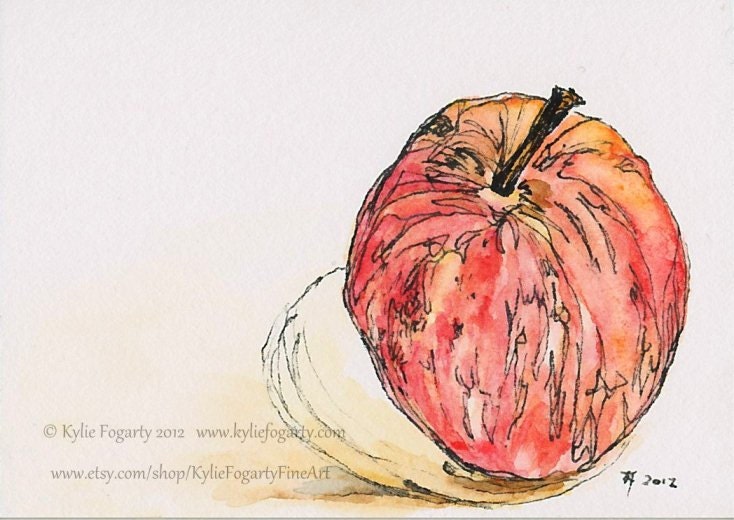 Tiny Painting - ACEO - Red Apple Original Painting -  Hand Drawn and painted  - Apple - Fantastic Teacher Thankyou Gift