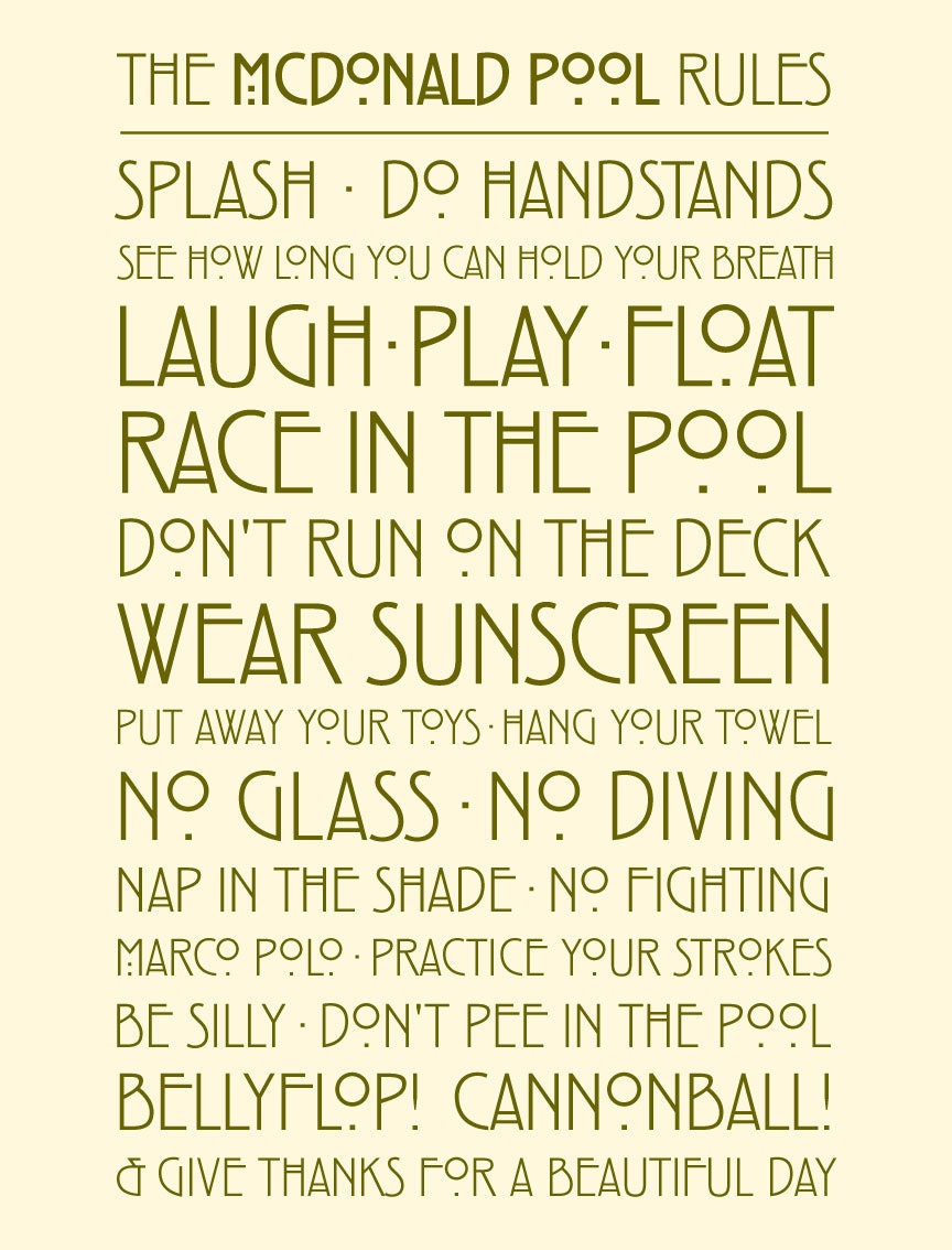 Pool Rules - PERSONALIZED (Your Family Name) - Rennie Mackintosh -Subway Art