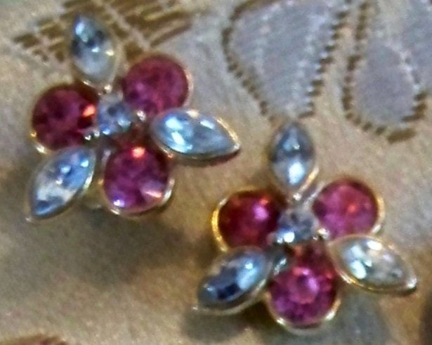 Vintage AVON Goldtone Earrings Pierced Pink and Clear Crystal Floral Stud Spring Jewelry