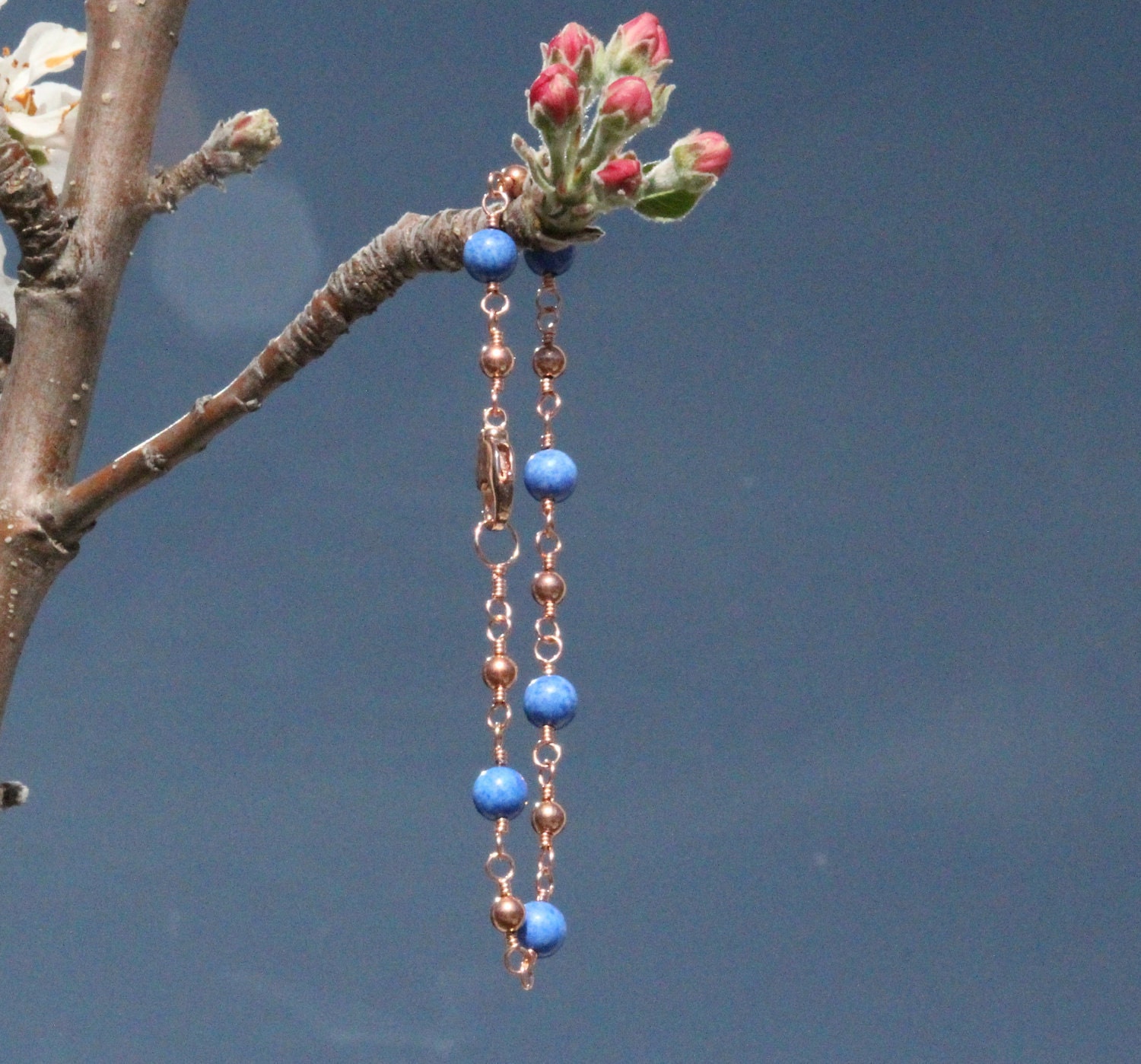 Blue Stone & Copper Wire Wrap Bracelet