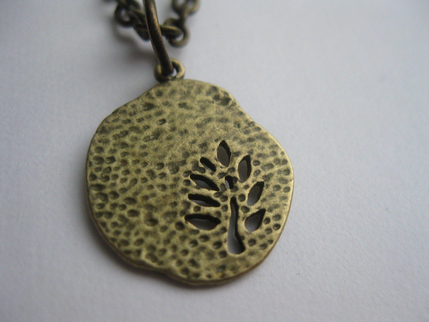 30 inch layering necklace nature stamped leaf disc pendant  in bronze