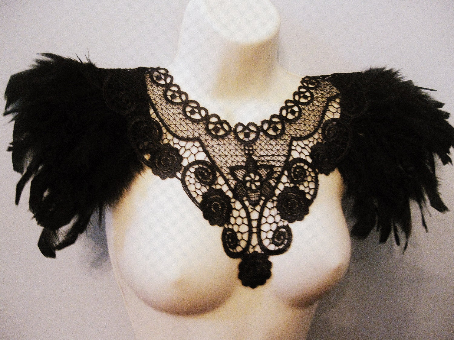 Steampunk jewelry black feather and lace statement collar corset top with epaulettes epaulets