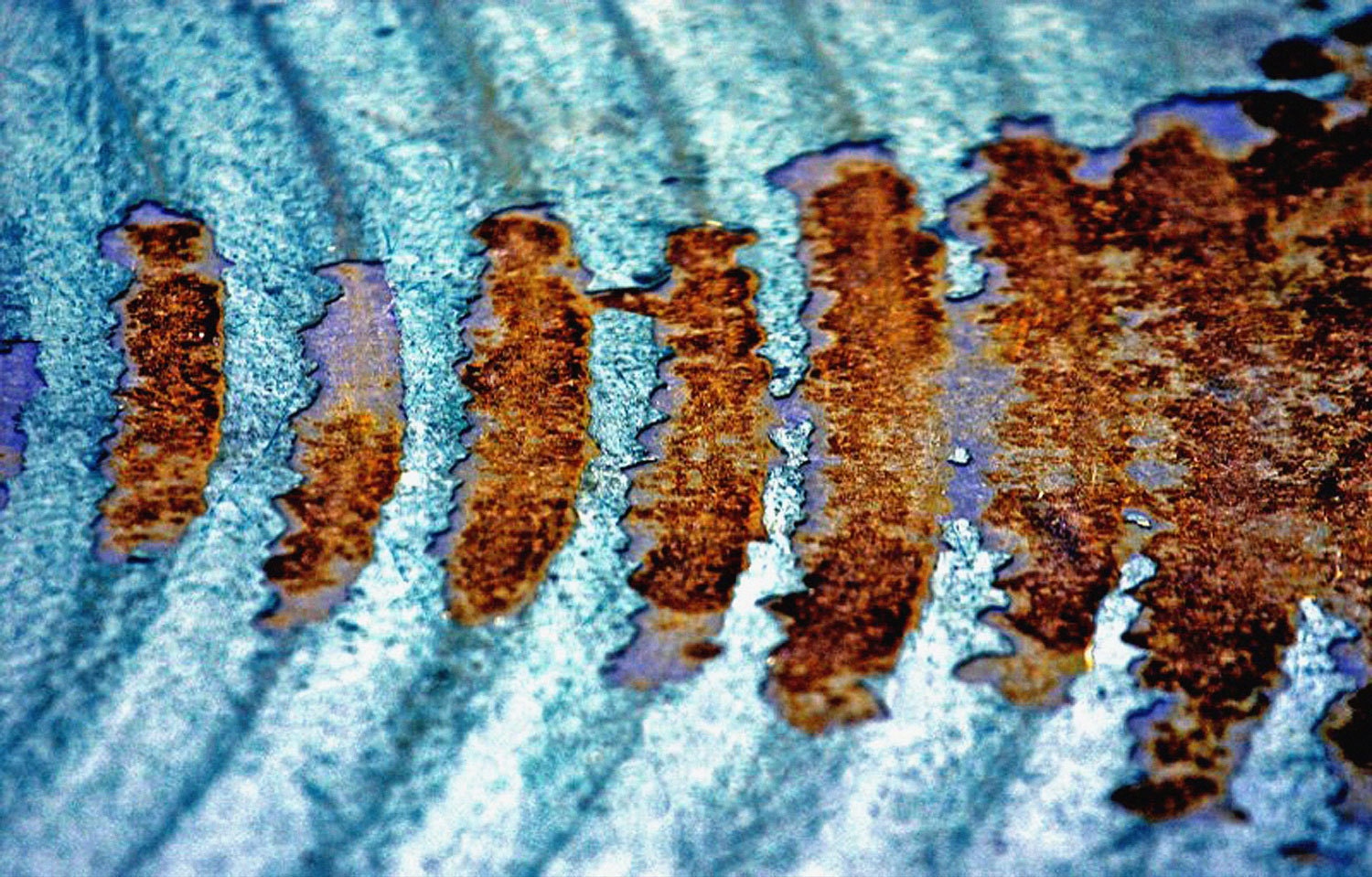Aqua, Blue, Brown Rust, Ripples, Corrosion, Contemporary Abstract, Original Signed Print by Photographer, Guy Pushée