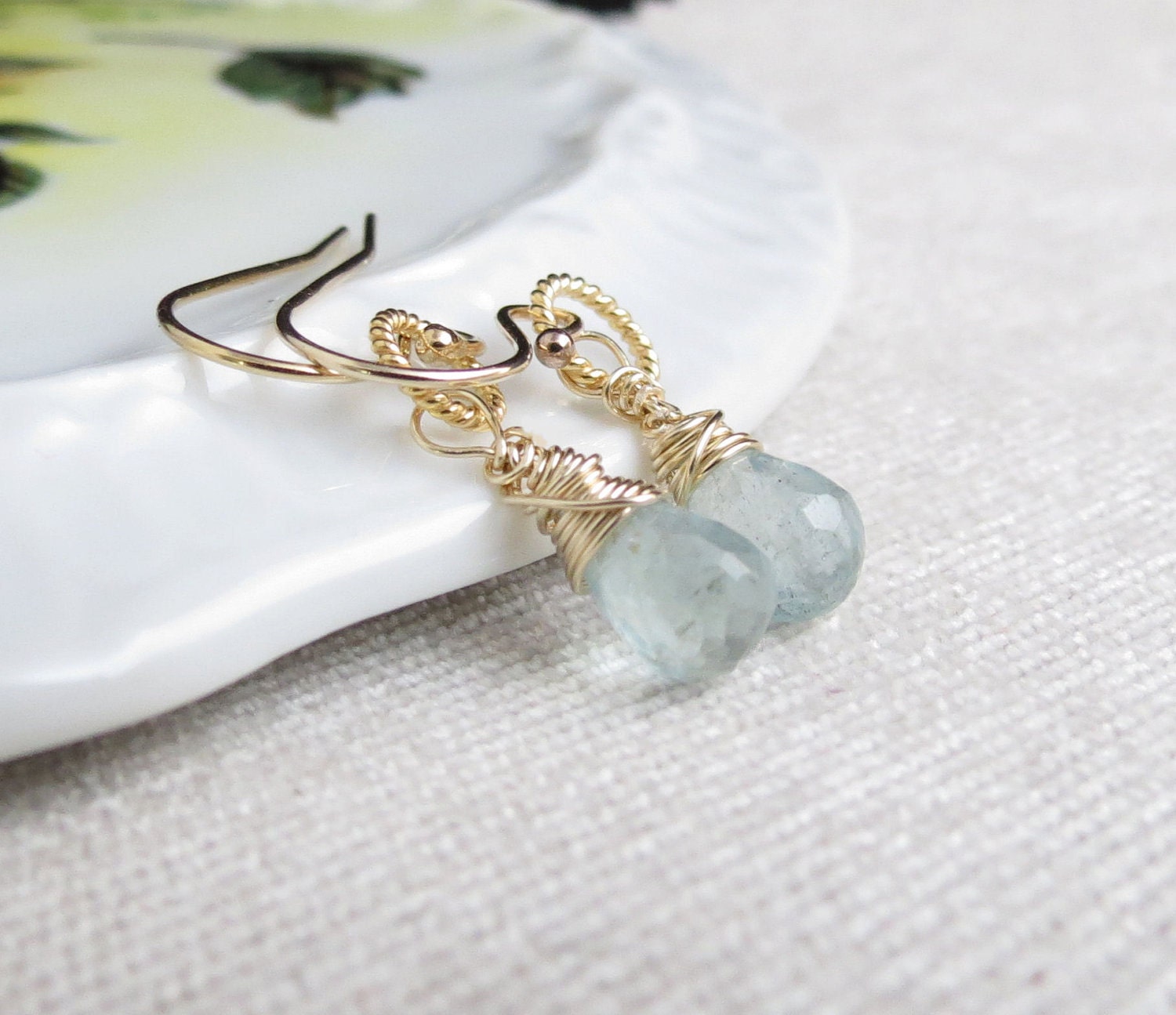 Natural Blue Aquamarine Wire Wrapped Gold Earrings