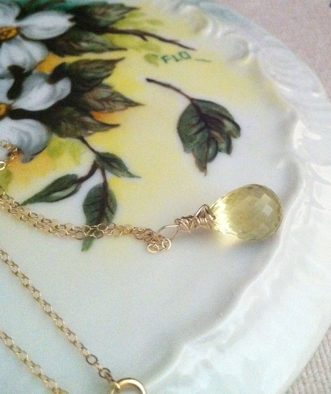Wire Wrapped Citrine Briolette Gold Necklace