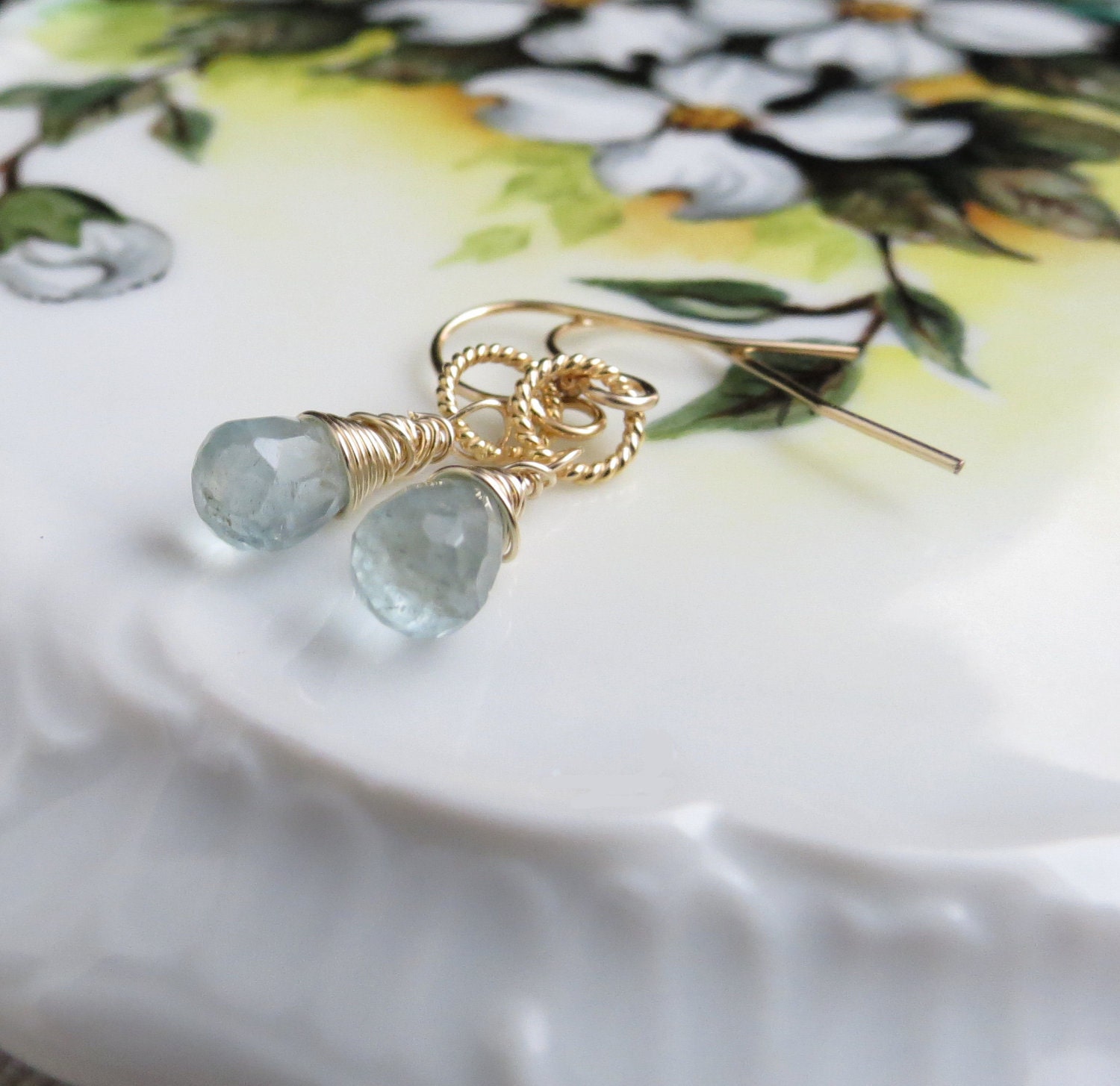 Natural Blue Aquamarine Wire Wrapped Gold Earrings