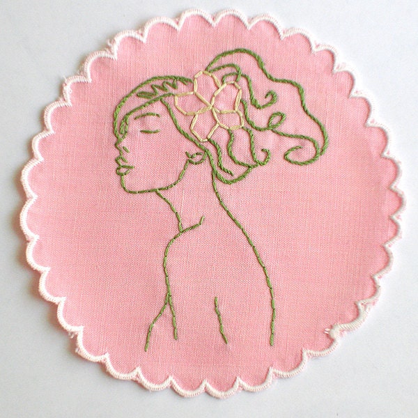 Pink Embroidered Cocktail Napkin, Coaster, Doily - Ladies Who Like Liquor - Delilah