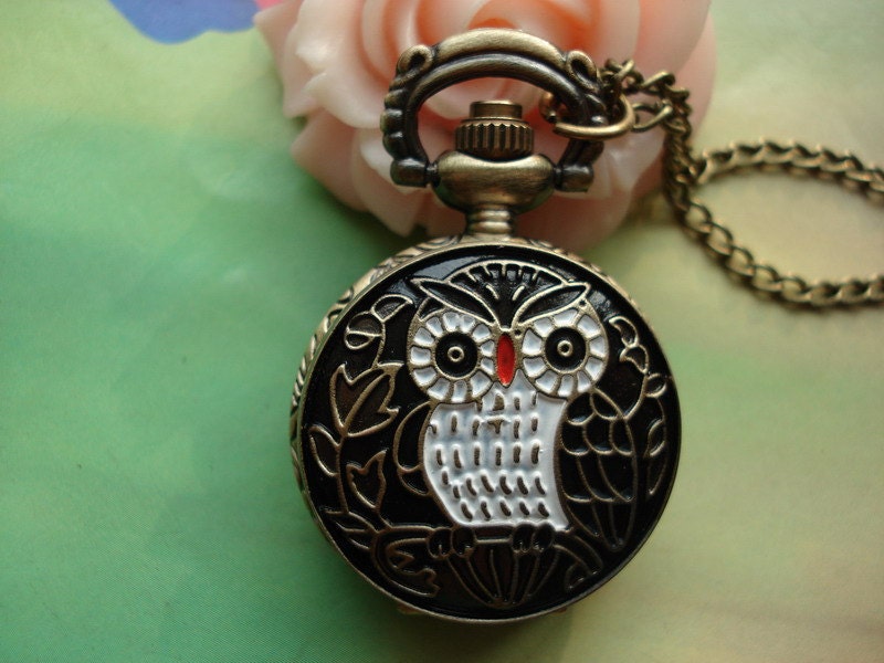 Small Antique Bronze Vintage Filigree Painted Black Owl Round Metal Pocket Watch Locket Necklaces Free Ribbon