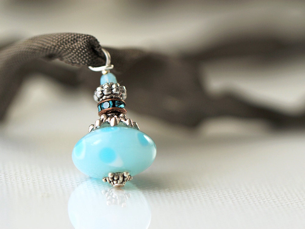 Unique Ribbon Necklace with Lampwork pendant. Handmade Jewellery.  Gift idea under 30 dollars