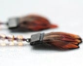 Unique Feather Earrings. Beaded Earrings / Brown Feather Earrings with Sterling Silver ear wires