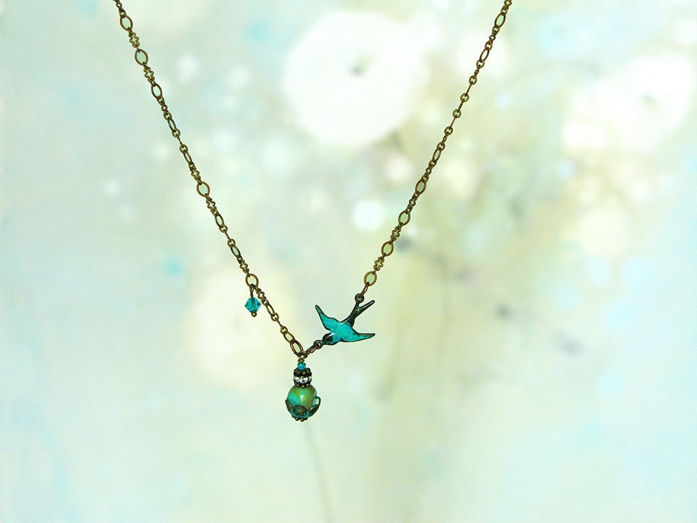 Blue Bird Necklace in turquoise, teal green mint and aqua. Nature Inspired Jewelry