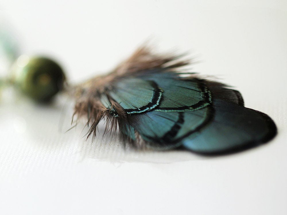 Blue Green Feather Necklace. Handmade Jewellery, Bohemian style in ultramarine green