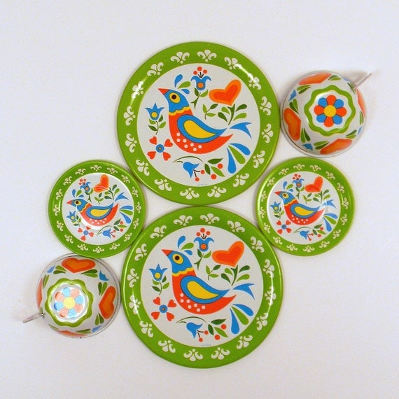 Ohio Art Floral Bird Tea Set, Vintage Tin Toy