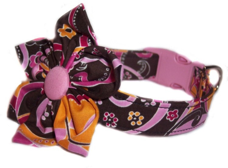 orange pink brown paisley floral dog cat pet puppy collar blossom flower bow xs sm med lg xl