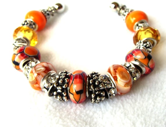 Spring Shades of Orange, Mustard and Red European Beaded Cuff Bracelet