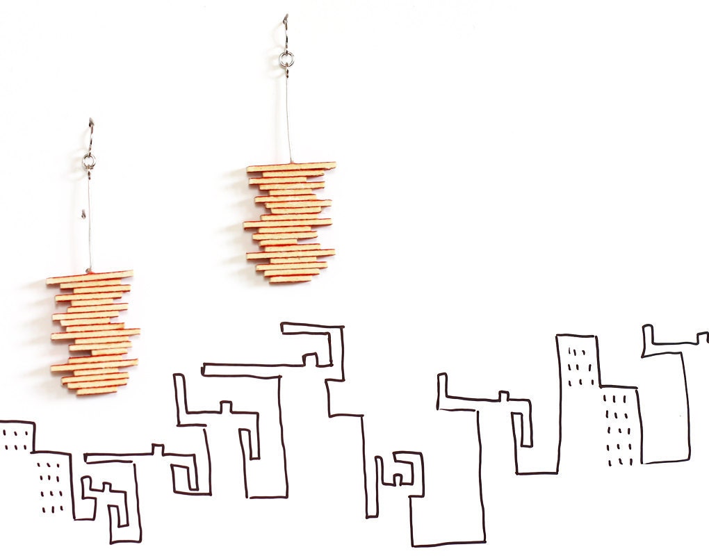 Red stripes earrings - geometric style drop earrings