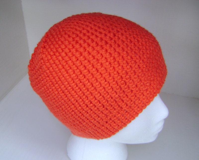 Crochet Blaze Orange Hat Beanie Skullcap Hunters Men Women Teen