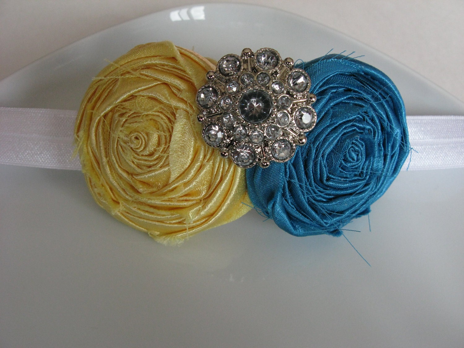 Flower Baby Headband with Rhinestone Button - Fabric Flowers - Children Spring - Yellow & Teal Rosette Headband with Rhinestone Button