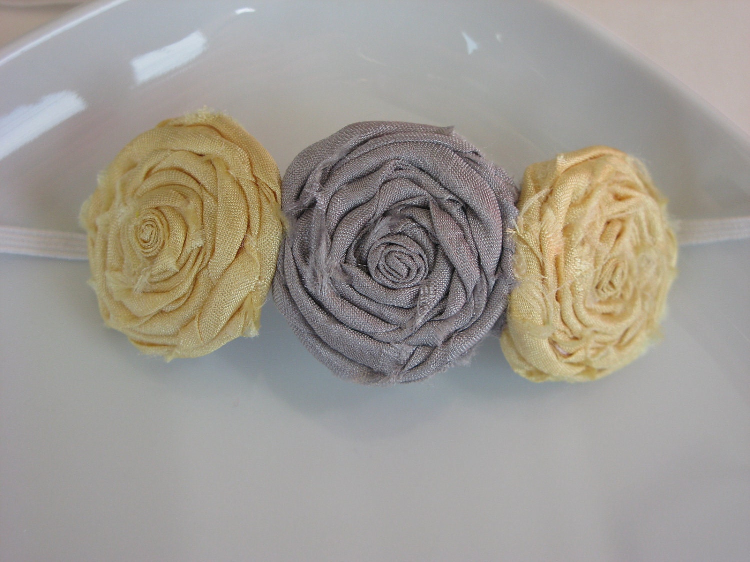 Baby Headband Yellow and Gray - Fabric Flowers - Flower Headband - Three Rolled Rosettes on Skinny White Elastic Headband - Baby Headbands