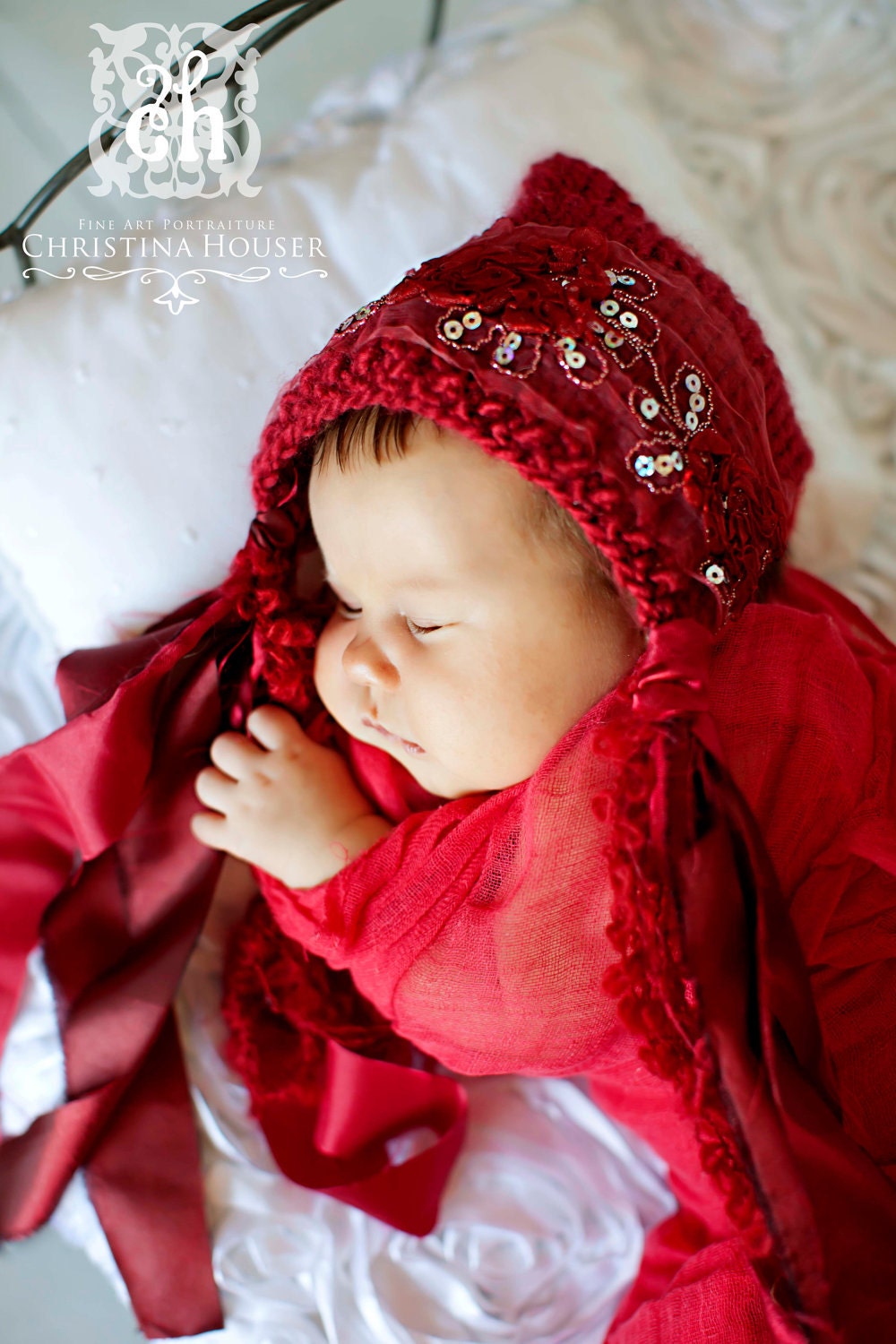 Newborn Bonnet, Red Lace Pixie Bonnet, Newborn Hat, Photo Prop