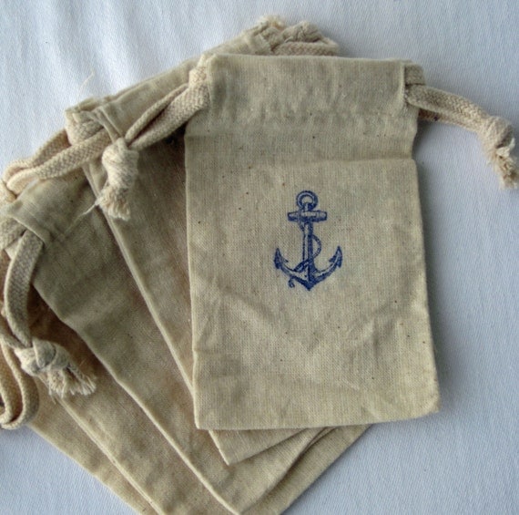 Beach Wedding Nautical Favors, 10 Anchor Wedding Favors, Cotton Favor Bags